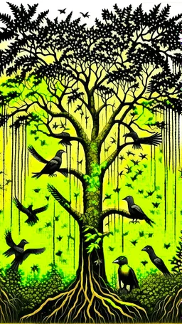 Jungle birds flying around big tall tree, painting, yellow and black