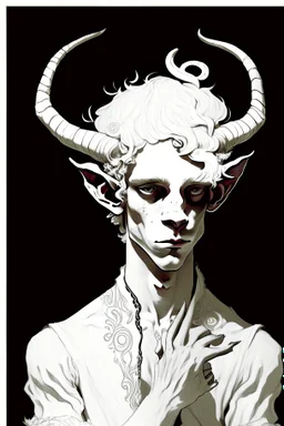 young satyr male albino alchemist with goat horns in the style of Aubrey Beardsley