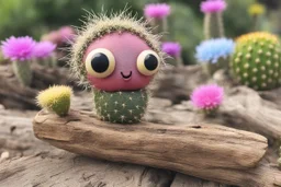 cute cacti creature on driftwood in the flowergarden