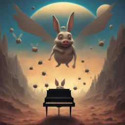 monochromatic black and white bugs bunny composer piano, diffrent planet, one swine pig piggy flying wasp angel, beksinski style daker theme