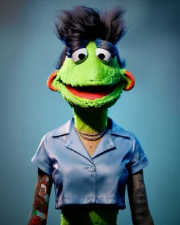 hybrid character, waitress sexy woman with monster muppet mask that covers her entire head, black rock, short shirt, old school tattoo, retro style, Sesame Street style, neon, smooth, unreal engine 5, god lights, ray tracing, RTX, lumen lighting, ultra detail, volumetric lighting, 3d.