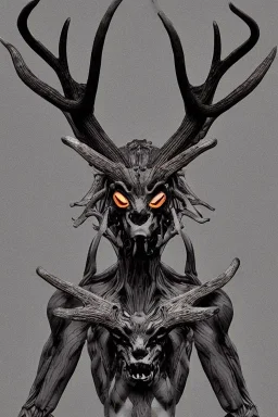 A humanoid figure monster 8K horror deer stag frightening with wendigo antlers, highly detailed digital art, sharp focus, trending on art stations Kentaro Miura manga art style artgem pixar