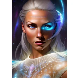 Lexica Aperture v2 style ! dream symmetry!! (((happy, joyful, smiling portrait)))+++, white hair, blue eyes, Brigitte Bardot, diamond third eye, spiritual gradient, gaia, chakra, universe, sci - fi, glowing lights!! intricate, space station, elegant, highly detailed, digital painting, artstation, concept art, smooth, sharp focus, illustration, art by artgerm and greg rutkowski and alphonse mucha