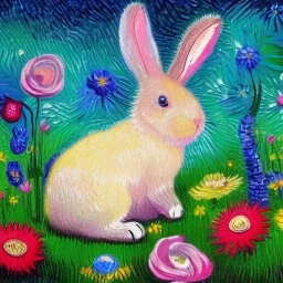 cute multicolored crystal bunny, ultra realistic, background of flowers, volumetric lighting, fantasy, highly detailed, lighted background in style of vincent van gogh