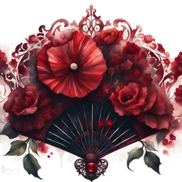 watercolor gothic vintage fan, dark red with flowers, white lace and rubies, white background, Trending on Artstation, {creative commons}, fanart, AIart, {Woolitize}, by Charlie Bowater, Illustration, Color Grading, Filmic, Nikon D750, Brenizer Method, Side-View, Perspective, Depth of Field, Field of View, F/2.8, Lens Flare, Tonal Colors, 8K, Full-HD, ProPhoto RGB, Perfectionism, Rim Lighting, Natural Lightin