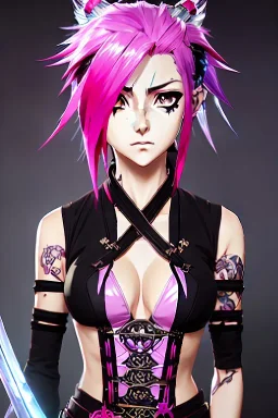 Cute anime Kunoichi girl, punk rocker, electric pink hair buns, pink bangs, detailed black designer kimono, dual samurai swords, yakuza full body tattoos, intricate details, full body portrait, pink ribbons, slight smile, black constellation motif, windy, concept art, mini tornado stickers, black fishnet wear, highly detailed, digital painting, artstation, concept art, sharp focus, illustration, art by WLOP and greg rutkowski and alphonse mucha and artgerm and yanjun Chen and Junji ito