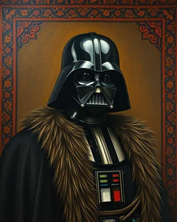 Renaissance painting of darth vader in persian rug fur as a fashion model, vogue, --ar 3:4