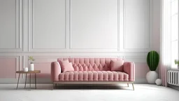 Scandinavian living room with pink sofa on empty white wall background.3D rendering