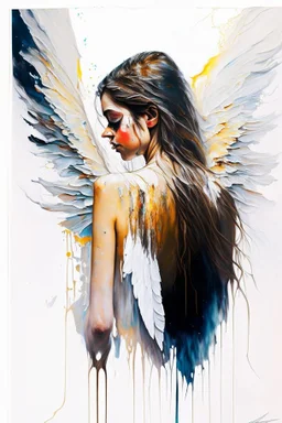 A detailed illustration of a beautiful young female human with growing out of her back. Her skin, hair and face are all made of paint. Her wings are spread. Front view. Highly detailed flawless facial features and eyes. Abstract Oil painting splash art. White background, wide angle, abstract design, beautiful, thick flowing paint strokes, dripping paint, fantasy art, modern art, ((soft happy complimentary colors,)) modern aesthetic, focused on the character, 4K resolution.