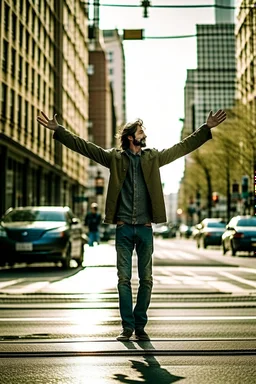 un hombre con los brazos abiertos en una calle de una ciudad. fotografía realizada con cámara Leica y objetivo de 50 mm. fotografía en color. Colores alegres