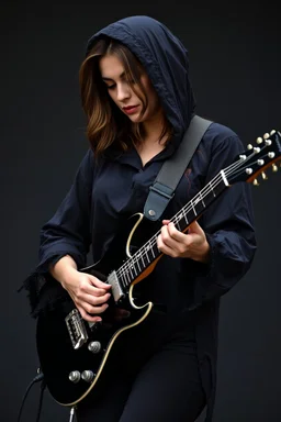 beautiful busty waif woman(wearing a wrinkled dark hoodie with wide sleeves trimmed with lace) playing a black electric guitar at high angle