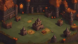 Generate an area in the castle like in strategy games where in 3d there are a workshop, barracks, a Tournament castle and a monster farm in a circle 4 castels. pixelart style