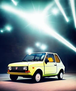 fiat 126p, city. high speed. bokeh. lens flare. warm lights. high detailed