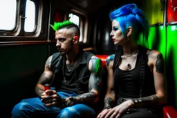 Un pareja punk, con crestas de colores azules y verdes beben unas latas de color rojo de Coca Cola, sentados en el vagón de tren abandonado y destartalado