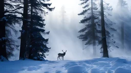 fir forrest,heavy mist,mist shadows,winter season,a close shot of a reindeer,dramatic scene