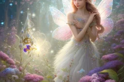 one very little beautiful fairy above one big crystal subtle flower in a galactic ambiance, transparent petals, delicate colors, in the foreground, full of details, smooth, bright sunshine，soft light atmosphere, light effect，vaporwave colorful, concept art, smooth, extremely sharp detail, finely tuned detail, ultra high definition, 8 k, unreal engine 5, ultra sharp focus