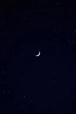A dark night sky in blue, with white speckled stars and a crescent moon outlined in black