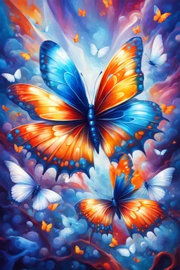 vibrant psychedelic oil painting image, airbrush, 64k, cartoon art image of background SAPPHIRE and WHITE BUTTERFLIES , futurism style