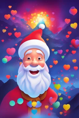 Christmas Themed -- Multicolored 3D Bubbles, multicolored, Floating 3D hearts with an electrical current, fog, clouds, somber, ghostly mountain peaks, a flowing river of volcanic Lava, fireflies, Christmas tres, a close-up, portrait of Santa Claus smiling a big bright happy smile, wearing his traditional Christmas uniform, in the art style of Boris Vallejo