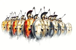 Stylish movie rendering for the movie "300" with a row of Spartans in a phalanx alignment with elaborate shiny Spartan Shields lined up in a row, watercolor and ink painting, focus on the metal Spartan shields, dramatic, arrows in the air and embedded in the shields, image disintegrates into white negative space,