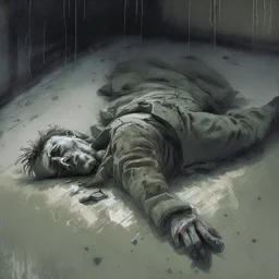 Alone and forsaken, on the verge of dying, lying down with gunshot wound to the stomach, realistic