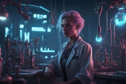 Close-up of a strong and slightly arrogant female doctor in her laboratory, hyperrealistic 16k, 3d rendering, expressively detailed, dynamic light, Cyberpunk, steampunk, neon lighting