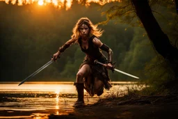 Warrior girl with black tears running down her face, crouching down low at edge of thick forest by lake at sunrise, observing, frightened, determined, with short sword, photo real