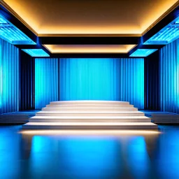 beautiful dance stage with no dancers in luxury modern hall dynamic lights, modern furniture light blue & gray theme