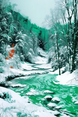 A white jungle with a toxic river in a snowstorm painted by Andy Warhol