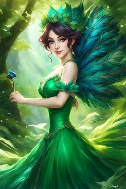 a girl in a green dress with peacock feathers, fey queen of the summer forest, better known as amouranth, beautiful fairie, disney splash art, emerald herald, splash art anime loli, fairy cgsociety, beautiful adult fairy, character art of maple story, official splash art, smiling as a queen of fairies, league of legends splash art