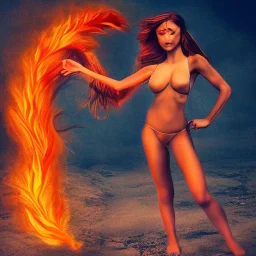 woman made of fire, fire angel, full body portrait, long flowing hair, only wearing bikini made of fire, highly detailed, real life photo, photo quality, extremely detailed, high quality, standing in fire, highly detailed, lots of fire around, fire background