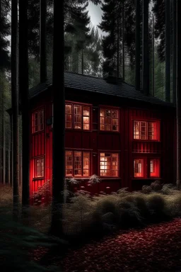 A dark red house with lights in the from the windows in a background forest