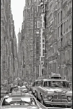 A Coloring book page, black and white, new york classic standard Townhouse, classic new york city taxi, busy street. The outlines should be simple and suitable for younger colorists.