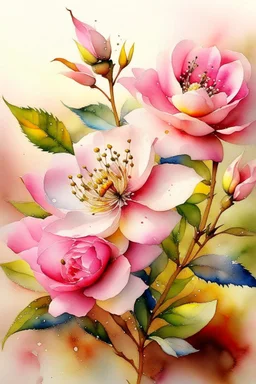 English watercolor, ink drawing. A bush of blooming pink and white rosehip in full size in height. A small drawing. Glitter, small diamond sequins. Pink, silk, milk, mother of pearl. Foliage. The background is a hazy haze. Softness, tenderness, SGI, octane rendering, megapixel extension 1028k ultra HD. volumetric, 5d, blue background