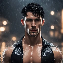 Hyper realistic Extremely Handsome shirtless with short black hair muscular man wearing black shirt getting wet in a rainy night