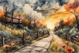 Urban sketch of a beautiful forest in ink and watercolor, storm clouds, full sunset, flowers, kurved path, old wood bridge, gull Modifiers: beautiful award winning