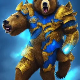 An angry bear in blue and gold armor, background of Inka jungle, high detail, smooth, realistic, digital illustration, Artstation, artgerm,