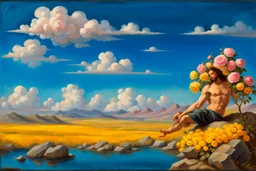 a handsome, muscular man with a well-groomed, bearded face and long, curly hair. He is sitting naked on a rock, surrounded by a picturesque valley adorned with pink and yellow rose flowers. The spring sky above is adorned with breathtakingly beautiful clouds. like oil painting 19th century