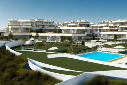 Day in algarve, aerial architectural view, modern luxury villas architecture building WITH STRAIGHT LINES AND CANNOPY in white render and wood stripe vertical elements with gold details and a modern luxury hotel building with two floors and extending covered terraces cascading, pinus pinea overlooking the golf course, green roofs and pools, sloped land with pinus pinea, hyper realistic 8k ultra render