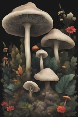 Explore a vibrant world of exotic flora and fauna, where towering mushrooms rise from a black liquid surface.