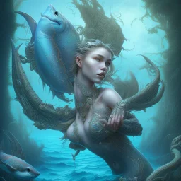 sango fantasy, fantasy magic, intricate, sharp focus, illustration, highly detailed, digital painting, concept art, matte, artgerm and paul lewin and kehinde wiley, masterpiece sexy lips African lady fish body mermaid turquoise space lady beach sea under water great white shark mermaid seaweed