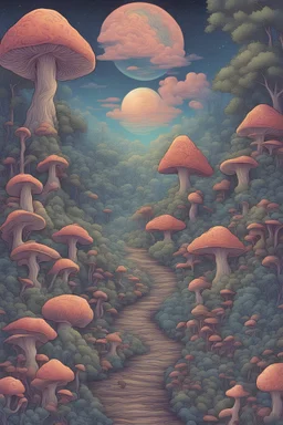trippy nature with hippie aspects and mushrooms