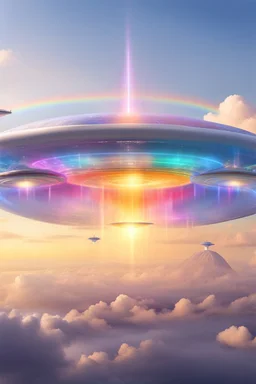 ufo rainbow very beautiful, cité très futuriste ultra moderne, ufos fleet, intergalactic, atterissage