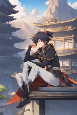 Xiao from Genshin Impact, highly detailed, intricate background, sitting on rooftop, contemplative