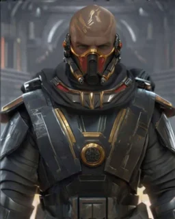 star wars bald male corellian pilot wearing pearlescent black and gunmetal grey First Order special forces heavy assault armor with gold and metallic red trim inside the jedi temple, centered portrait, hyperdetailed, dynamic lighting, hyperdetailed background, 8k resolution, volumetric lighting, light skin, fully symmetric details