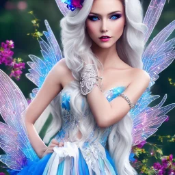 Fantasy fairy with transparent wings, smiling, make up, long platinum blond hair with crown and flowers, blue dress, flowering background