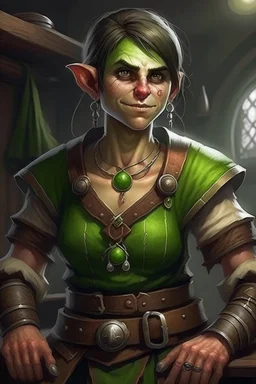 Dungeons and dragons She is an orc. She has green skin. She is kind. She is handsome. She has nice eyes. She has short hair. She is strong. She is in a tavern. She has broad shoulders. She has a large jaw. She wears casual peasant clothes. Her clothes are black. Realistic style