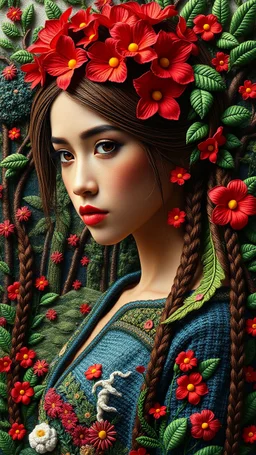 surreal, mandala, A hyper-detailed 3D embroidery art of a woman with long braided Brown hair, Brown eyes, red Lips, adorned with red flowers, wearing baju tradisional Borneo island knitted dress,open section unfolding intricate natur Forrest,River, Borneo island, blending into a lush embroidered landscape with vibrant flowers, and textured leaves. The entire scene looks like a seamless blend of realism surrealism and textile art, with every element-hair, dress, flowers, and tree-rendered using