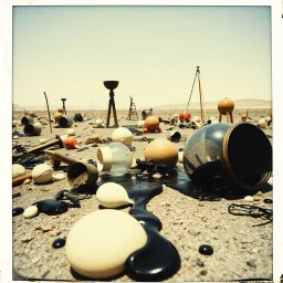 Photography polaroid close-up of a wasteland landscape with many objects in Yves Tanguy incomprehensible style, Surrealism, glossy, organic, funny, strong texture, fiotti di liquido nero, panic, obsessive, hypnotic