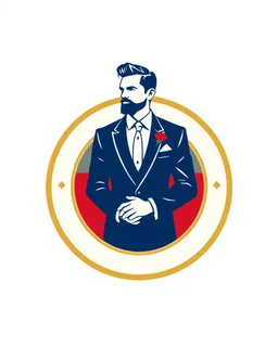 A circular logo with a vector of a groom in a suit at the top of the logo in a blue, red, white and gold color theme.